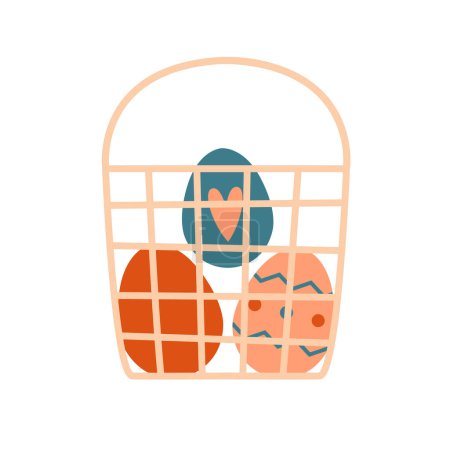 Basket with easter eggs. Cartoon minimal print. Vector illustration for Easter card, banner, sticker, badge. Cottagecore, village life concept.