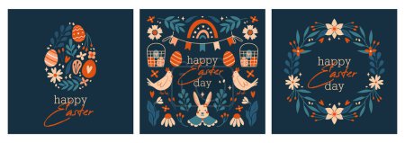 Illustration for Set of easter greeting cards. Happy Easter Day. Easter banners, invitation templates with wreath of flowers, bunny, rabbit, easter eggs, hen, flower, plant, berries, bunting flags, rainbow, lettering. - Royalty Free Image