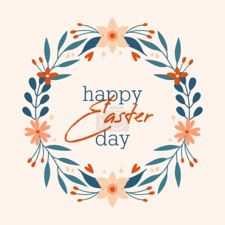 Illustration for Easter wreath with daffodils, flowers, plants, leaves, berries, hearts, branches on white background. Happy Easter Day. Square card, banner with cute vector floral, botanical elements. Flat Design. - Royalty Free Image