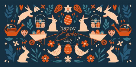 Illustration for Happy Easter Day. Big collection of vector illustrations with easter bunny, rabbit, egg, hen, flower, plant, berries, branch, leaf, watering can, basket, wheelbarrow. Cute clip arts for stickers, card - Royalty Free Image