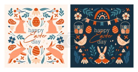 Illustration for Set of square Easter cards, banners, invitation templates. Happy Easter Day. Vector illustrations with easter bunny, rabbit, egg, hen, flower, plant, berries, bunting flags, rainbow, lettering, text. - Royalty Free Image