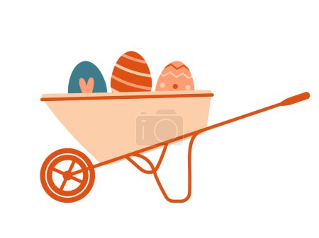 Illustration for Wheelbarrow with easter eggs. Vector illustration for Easter card, banner, sticker, badge. Cottagecore, village life concept. Cartoon funny print. - Royalty Free Image