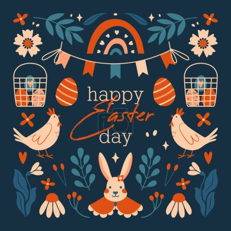 Illustration for Happy Easter Day. Square Easter card, banner, invitation template. Vector illustrations with bunny, rabbit, easter eggs, hen, flower, plant, berries, bunting flags, rainbow, lettering. Flat design. - Royalty Free Image