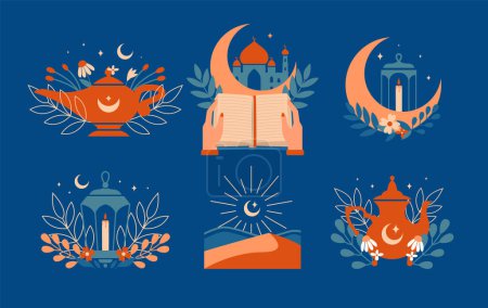 Illustration for Set of islamic clip arts in boho style. Vector illustrations with mosque, lamp, lantern, teapot, crescent, star, plants, flowers, arabian landscape, hands holding koran. Collection oriental stickers - Royalty Free Image