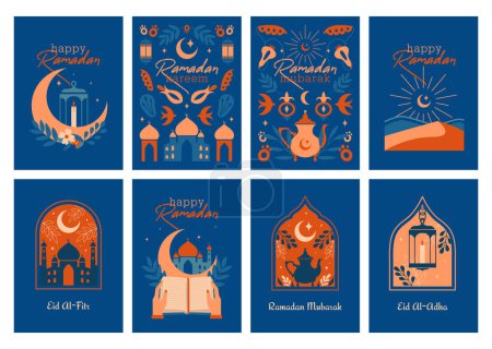 Illustration for Big set of islamic oriental templates of banners. Greeting cards with cute illustrations with mosque dome, crescent, star, lantern, teapot, plants, windows and arches. Vector badges in boho style. - Royalty Free Image
