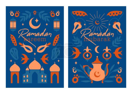 Téléchargez les illustrations : Ramadan Moubarak. Ramadan Kareem. Ensemble de cartes islamiques, bannières avec salutations, ornement vectoriel d'illustrations minimales de mosquée, croissant, lanterne, plantes, fleurs. Appartement style oriental boho. - en licence libre de droit