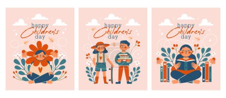 Illustration for Set of card, banner, flyer template to World Children's Day. Cartoon cute illustrations with school boy, girl, skateboard, books, flower, plant, berries, leaves. Kawaii cheerful characters.Flat design - Royalty Free Image