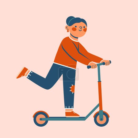 Illustration for A schoolgirl rides a scooter. Kawaii cute character of kid, teenager, young girl. World Children's Day. Funny cartoon person. Flat Design. For card, banner, sticker. Active, happy childhood. - Royalty Free Image