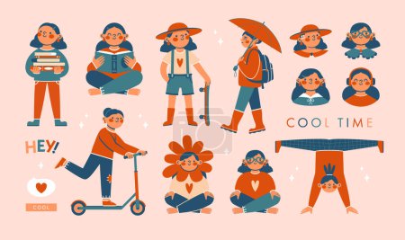 Illustration for Big set with cute illustrations with teenage girls, kids, childrens who riding on scooter, reading books, standing on hands, sitting in lotus pose, walking with umbrella. Cartoon characters. Clip arts - Royalty Free Image