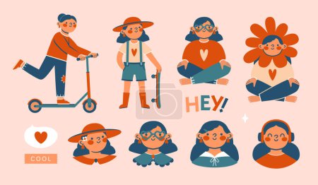 Illustration for Cute teenage girls, kids, with scooter, skateboard in different poses. Set of various girl's portrait, standing, sitting persons. Clip arts with cartoon children. World Children's Day. Girl power. - Royalty Free Image