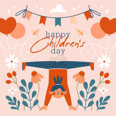 Illustration for Happy Children's Day. Square card, banner, flyer template with cartoon cute illustration with handstand teenage girl, balloons, bunting flags, flowers, plants, paper planes. Flat Design. - Royalty Free Image