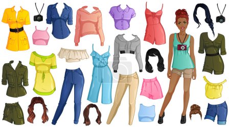Travel Time Paper Doll with Beautiful Lady, Outfits and Hairstyles. Vector Illustration