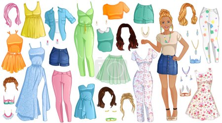 Ilustración de Spring Time Paper Doll with Beautiful Lady, Outfits, Hairstyles and Accessories. Vector Illustration - Imagen libre de derechos