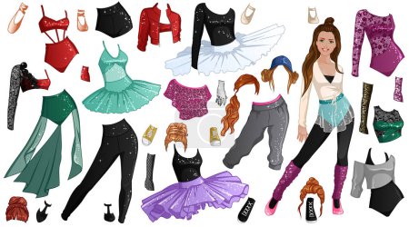 Dancer Paper Doll with Beautiful Lady, Outfits, Hairstyles and Accessories. Vector Illustration