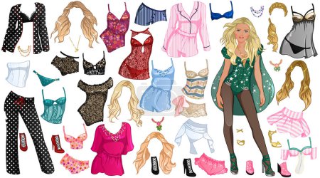 Illustration for Lingerie Model Paper Doll with Beautiful Lady, Outfits, Hairstyles and Accessories. Vector Illustrationb - Royalty Free Image