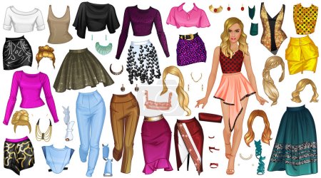 Téléchargez les illustrations : High Fashion 01 Paper Doll with Beautiful Woman, Outfits, Hairstyles and Accessories. Vector Illustration - en licence libre de droit