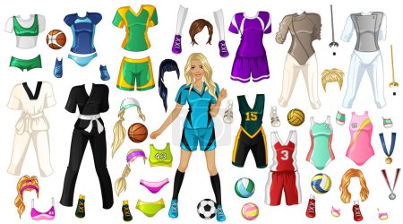 Foto de Lindo personaje de muñeca de papel de dibujos animados deportivo con trajes, accesorios y peinados. Ilustración vectorial - Imagen libre de derechos