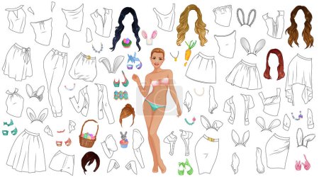 Foto de Página para colorear de conejito de Pascua Muñeca de papel con trajes, peinados, zapatos, accesorios y orejas de conejo. Ilustración vectorial - Imagen libre de derechos