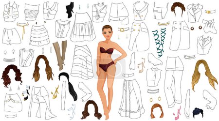 Foto de Fashion Outfit Página para colorear Muñeca de papel con ropa, peinados y accesorios. Ilustración vectorial - Imagen libre de derechos