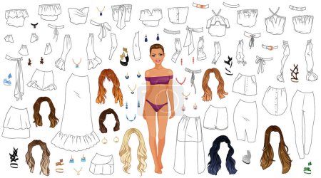 Illustration for Off the Shoulder Style Coloring Page Paper Doll with Outfits, Hairstyles and Accessories. Vector Illustration - Royalty Free Image