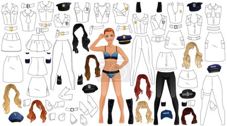 Foto de Página de colorear uniforme de policía Muñeca de papel con figura femenina, ropa, peinados y accesorios. Ilustración vectorial - Imagen libre de derechos