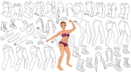 Foto de Snowboard Página para colorear Muñeca de papel con figura femenina, trajes, peinados y accesorios. Ilustración vectorial - Imagen libre de derechos