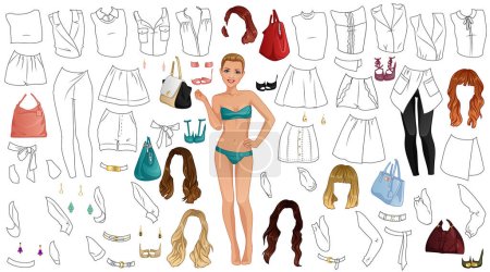 Illustration for Fashion Blogger Coloring Page Paper Doll with Female Figure, Clothing, Hairstyles and Accessories. Vector Illustration - Royalty Free Image