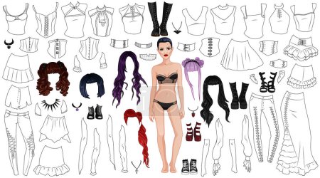 Foto de Goth Girl Página para colorear Muñeca de papel con plantilla de cuerpo femenino, ropa, peinados y accesorios. Ilustración vectorial - Imagen libre de derechos