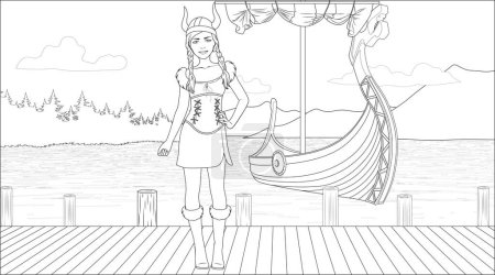 Illustration for Viking Girl Coloring Page with a Ship Background in the Sea. Vector Illustration - Royalty Free Image