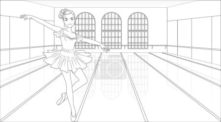 Illustration for Ballerina Coloring Page with Female Character on a Dancing Studio Background. Vector Illustration - Royalty Free Image