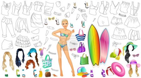 Foto de Traje de verano para colorear Página Muñeca de papel con ropa, peinados y accesorios. Ilustración vectorial - Imagen libre de derechos