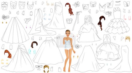 Foto de Vestido de novia Página para colorear Muñeca de papel con ropa, peinados, zapatos y accesorios. Ilustración vectorial - Imagen libre de derechos
