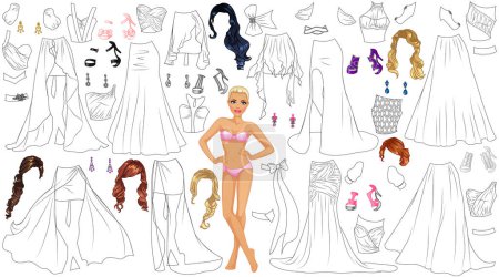 Ilustración de Vestido de baile para colorear Página Muñeca de papel con ropa, peinados y accesorios. Ilustración vectorial - Imagen libre de derechos
