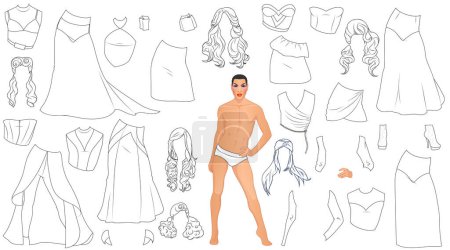 Drag Queen Coloring Page Paper Doll with Outfits and Hairstyles. Vector Illustration