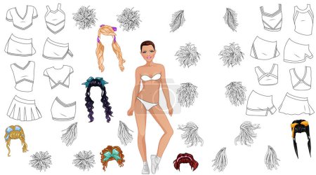 Illustration for Cheerleader Coloring Page Paper Doll with Cute Cartoon Character, Uniforms and Pom-poms. Vector Illustration - Royalty Free Image