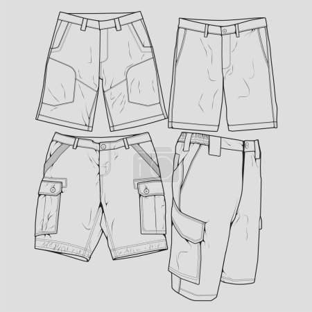 Ilustración de Bundle set short pants outline drawing vector, set short pants in a sketch style, trainers template outline, vector Illustration. - Imagen libre de derechos