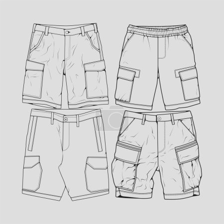 Ilustración de Bundle set short pants outline drawing vector, set short pants in a sketch style, trainers template outline, vector Illustration. - Imagen libre de derechos