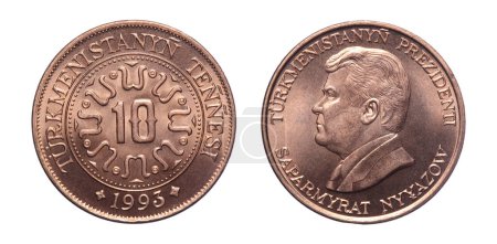 Anverso y reverso de 1993 diez tenne moneda de acero chapado en cobre turkmenistan aislado sobre fondo blanco