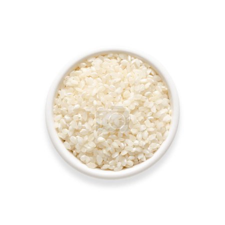 Photo for Koshihikari rice in a white bowl on white background. Square format. Top view. - Royalty Free Image