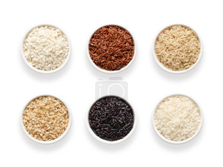 Photo for Six types of rice in white bowls on white background. Top view. - Royalty Free Image