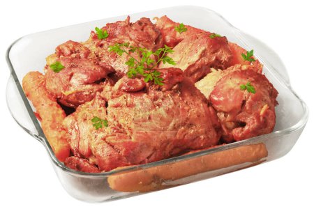 Photo for Oven Baked Pork Shoulder with Carrots and Parsley in Glass Baking Pan Isolated on White Background - Royalty Free Image