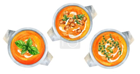 Set of vegetarian pumpkin cream soup on a white isolated background. Homemade colorful vegetarian soups. Hand-drawn watercolor illustration. Suitable for menus, cookbook and restaurant