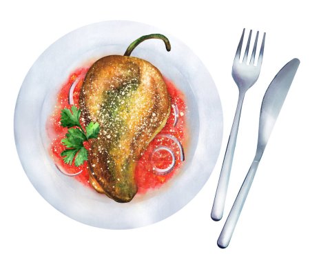 Foto de Chili Rellenos con salsa roja y queso cotija en un plato blanco. Acuarela pintada a mano comida tradicional mexicana. Adecuado para el diseño de menú de restaurante, volantes y libro de cocina - Imagen libre de derechos