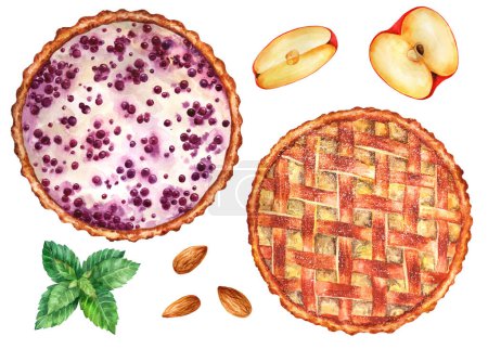 Set Finnish blueberry pie and apple pie on a white isolated background. Watercolor hand drawn illustration. Suitable for menus, restaurants and cookbook. Top view.  