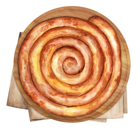 Spiral-shaped Greek cheese pie (Kichi Kozanis) on wood surface. Watercolor hand drawn illustration. Suitable for menu, restaurant and cookbook. Top view