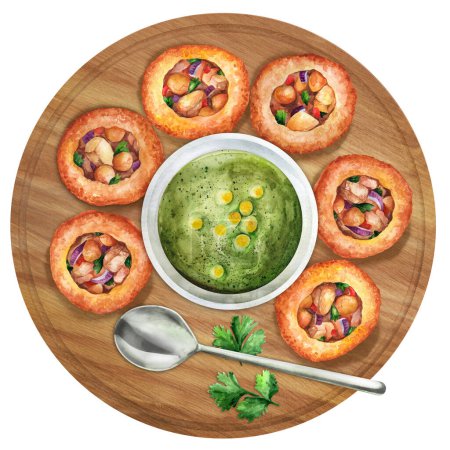 Photo for Panipuri or golgappa, Indian appetizer with pudina paninaon wooden background. Top view. Watercolor hand drawn illustration. Suitable for menu, cookbook and restaurant - Royalty Free Image