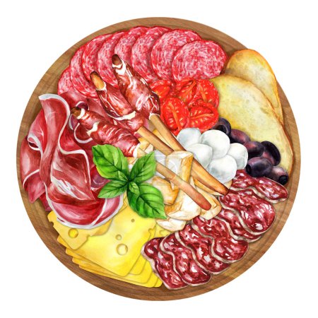 Photo for Italian appetizers or antipasto. Mixed delicatessen of cheese and meat snacks. Hand-drawn watercolor illustration. Suitable for menus, cookbook and  restaurant - Royalty Free Image