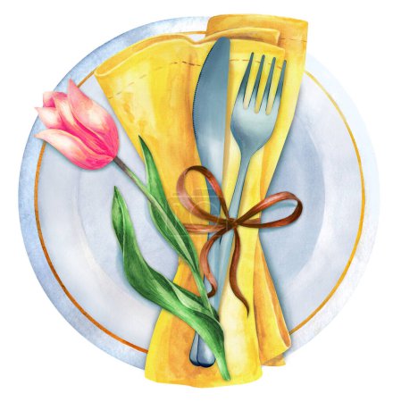 Spring table settings with fresh pink tulip. Restaurant menu template or holiday celebration decorations. Top view. Watercolor illustration