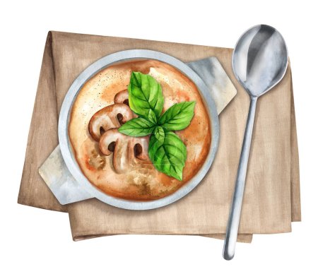 Baked julienne with mushrooms and chiken in a clay pot. Top view. Watercolor hand drawn illustration. Suitable for menu and cookbook.