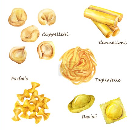 Photo for Different types of Italian pasta - cappelletti or tortellin, ravioli, farfalle, tagliatelle and cannelloni on a white isolated background. Hand-drawn watercolor illustration. - Royalty Free Image